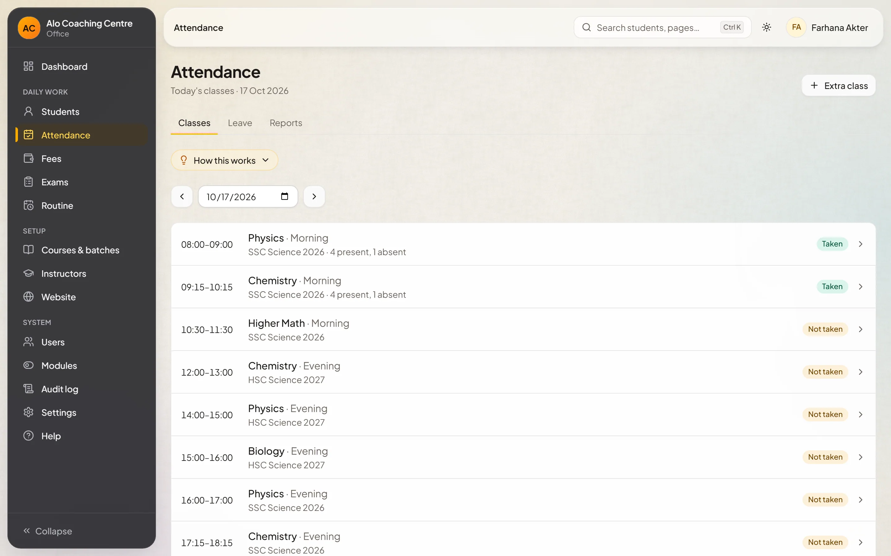 Today's attendance registers by class