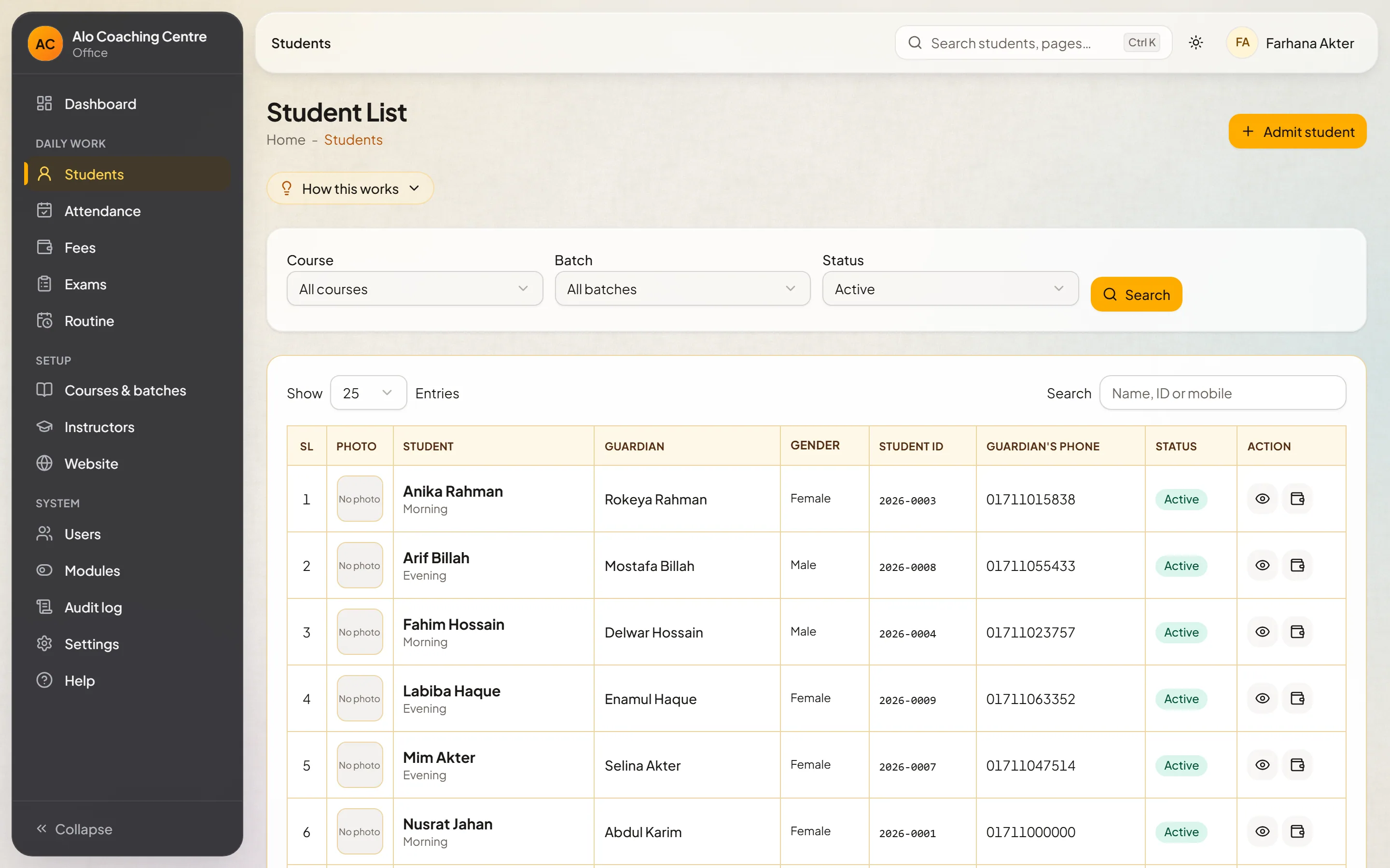 The student list with filters, student IDs and batches
