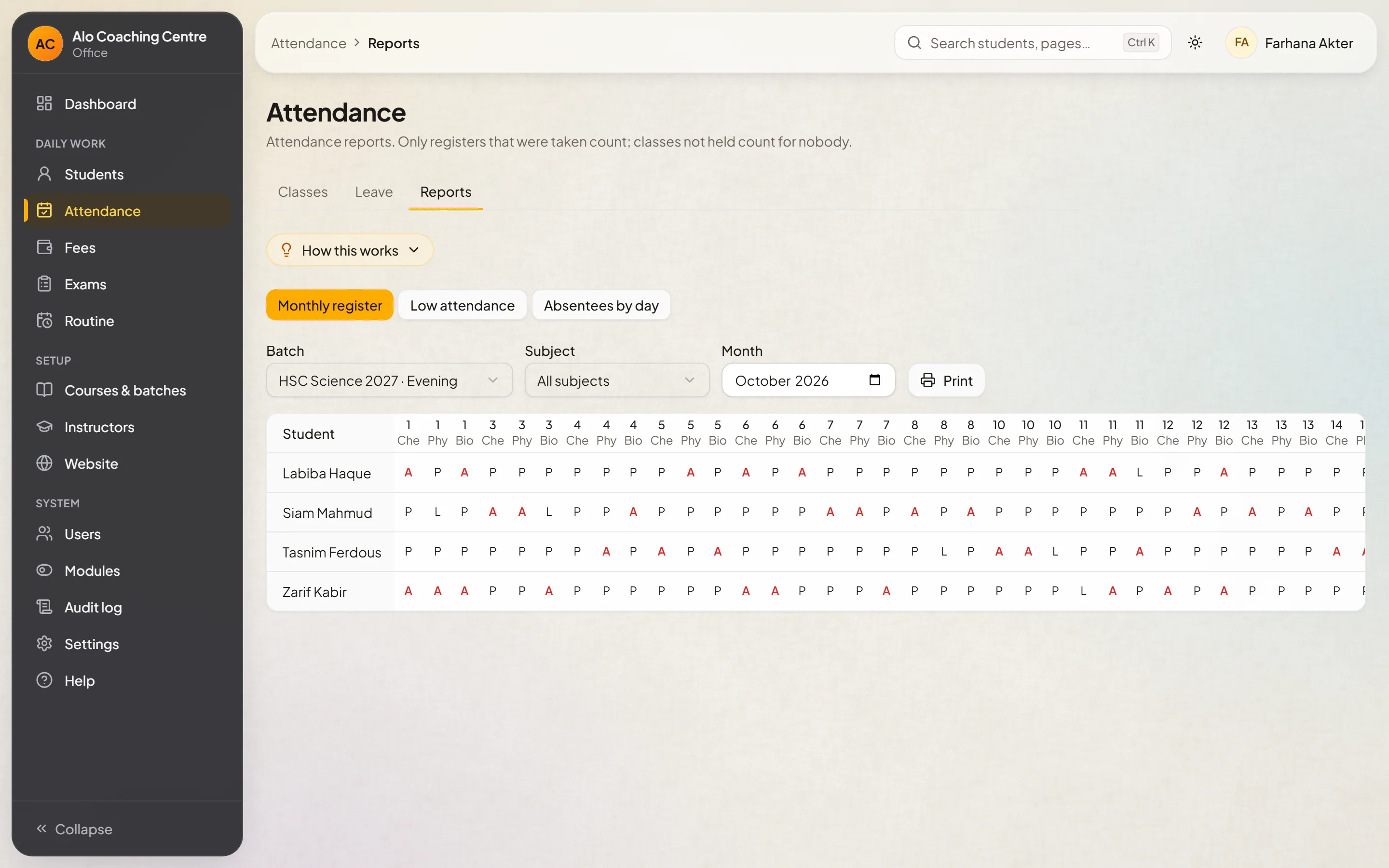 Attendance reports by batch and student