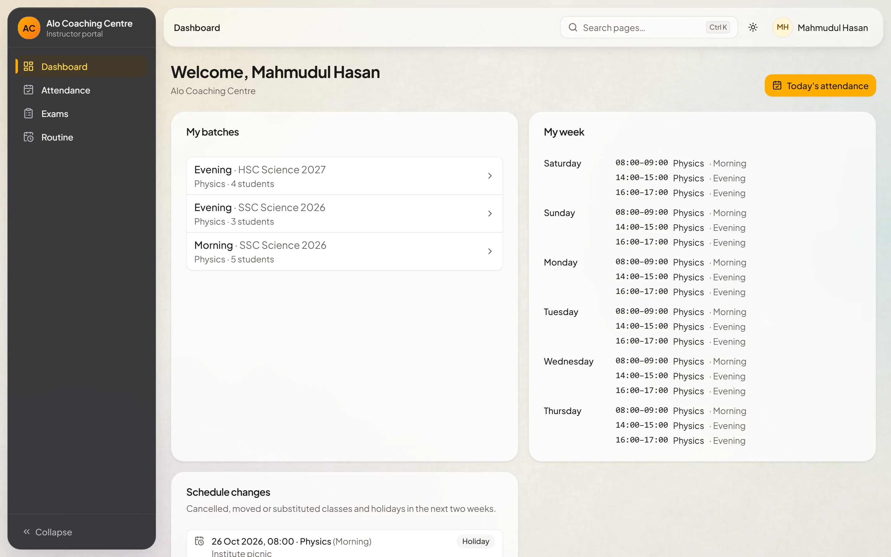 The instructor portal: today's classes and registers