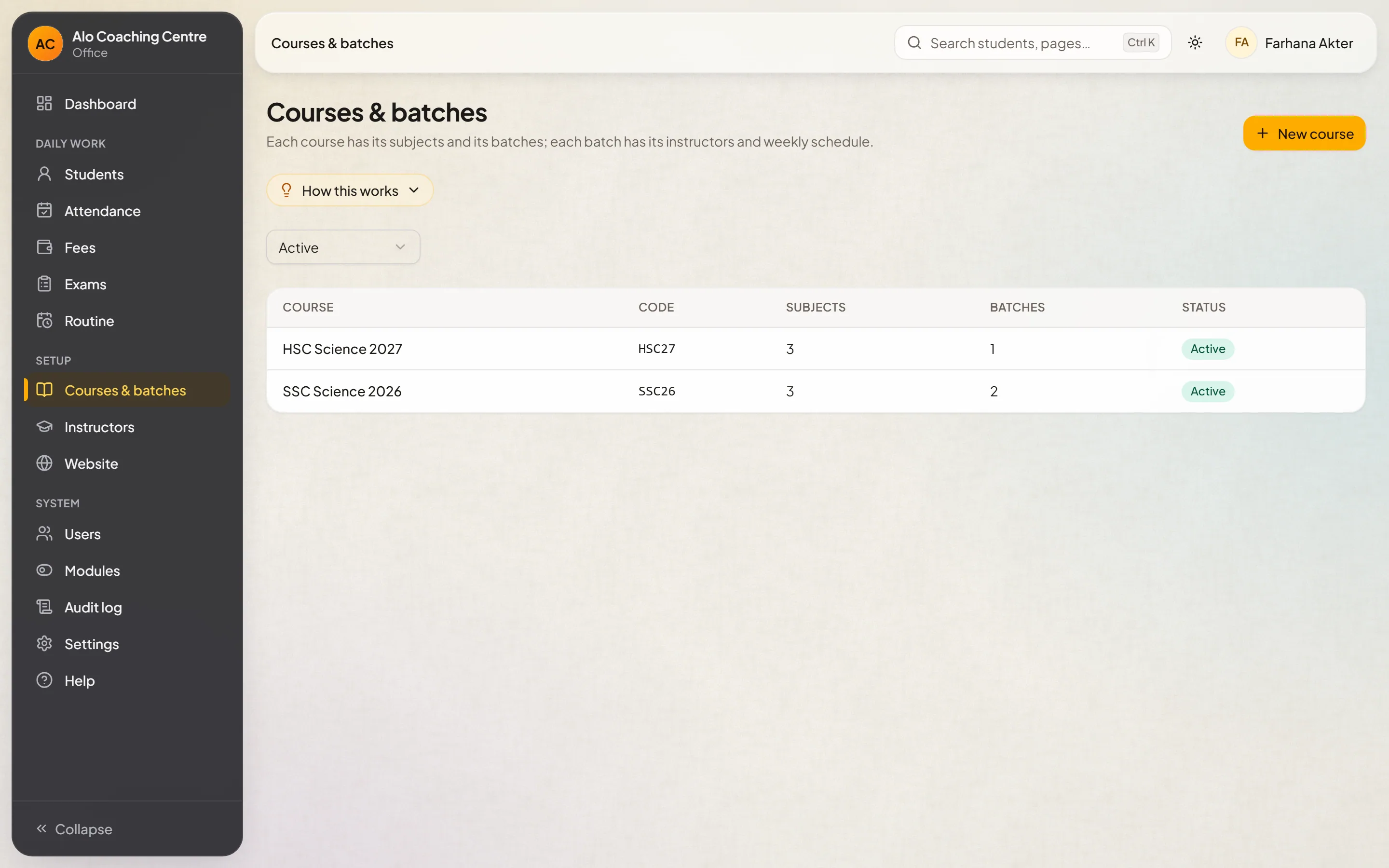 Courses with their subjects and batches
