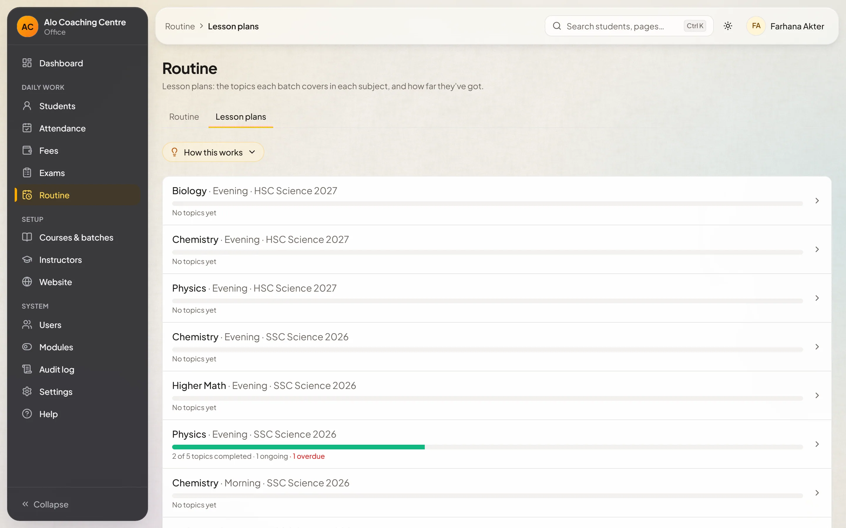 Lesson plans with progress for each batch