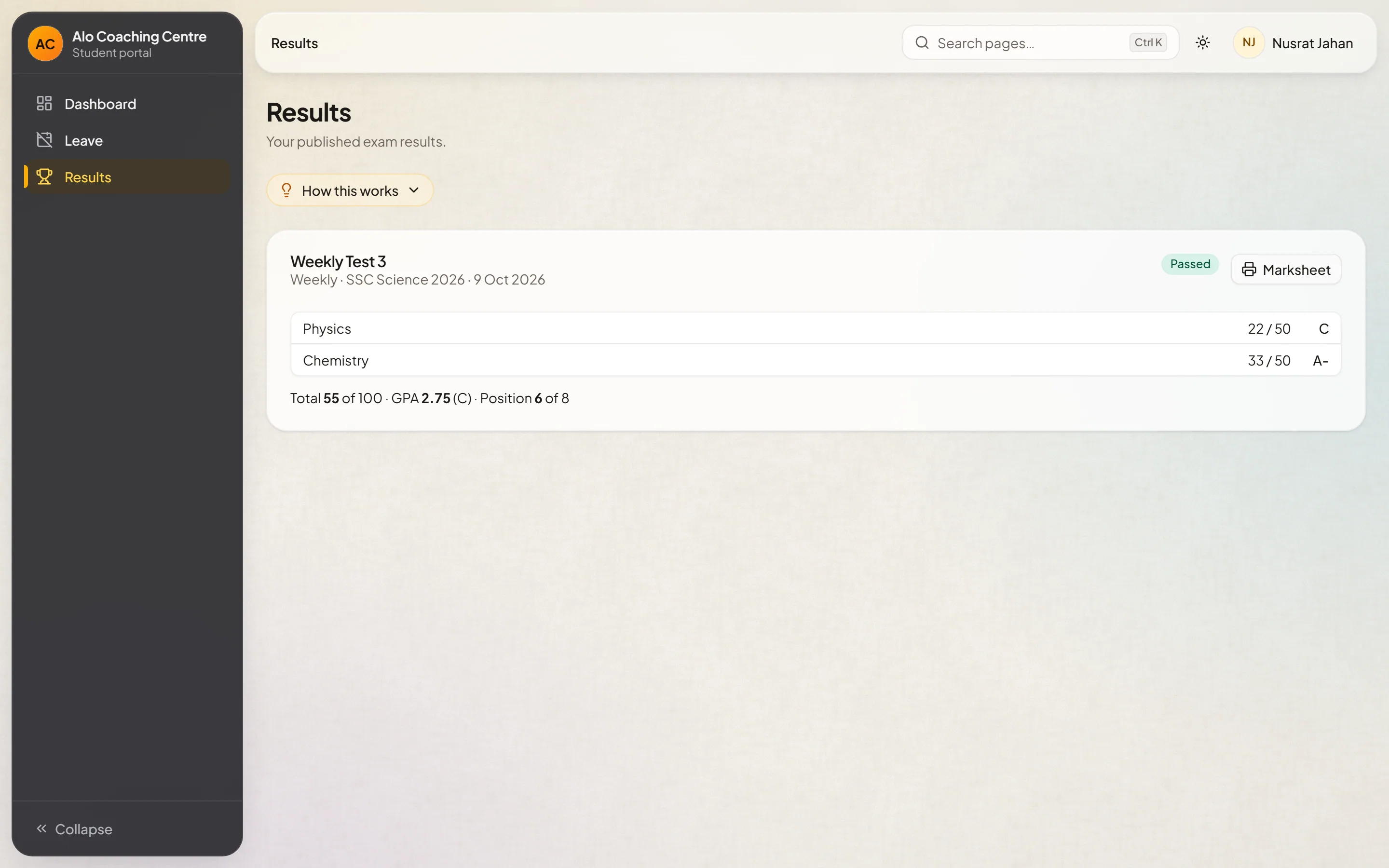 A student's published results on a phone