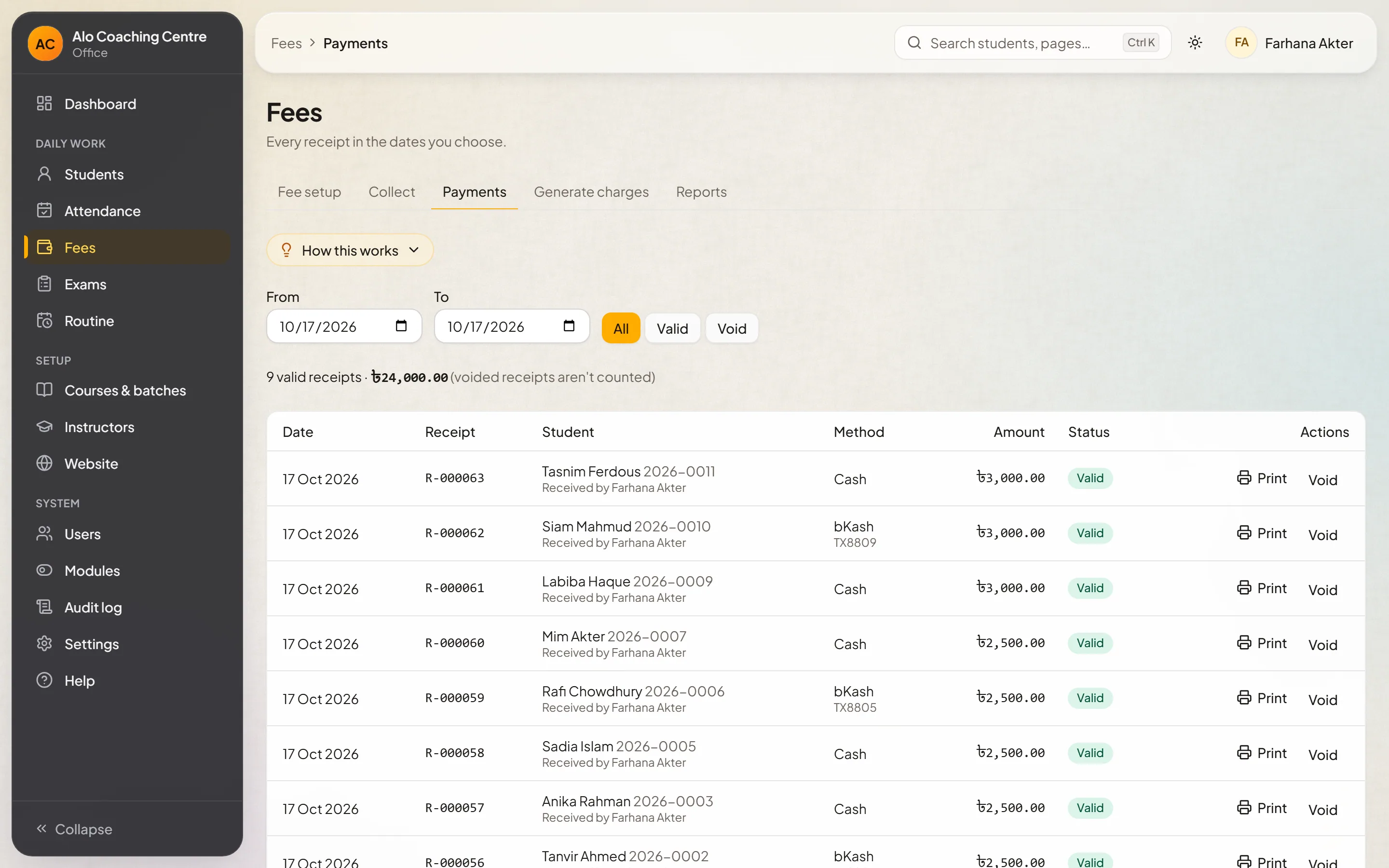 Recorded payments with receipt numbers