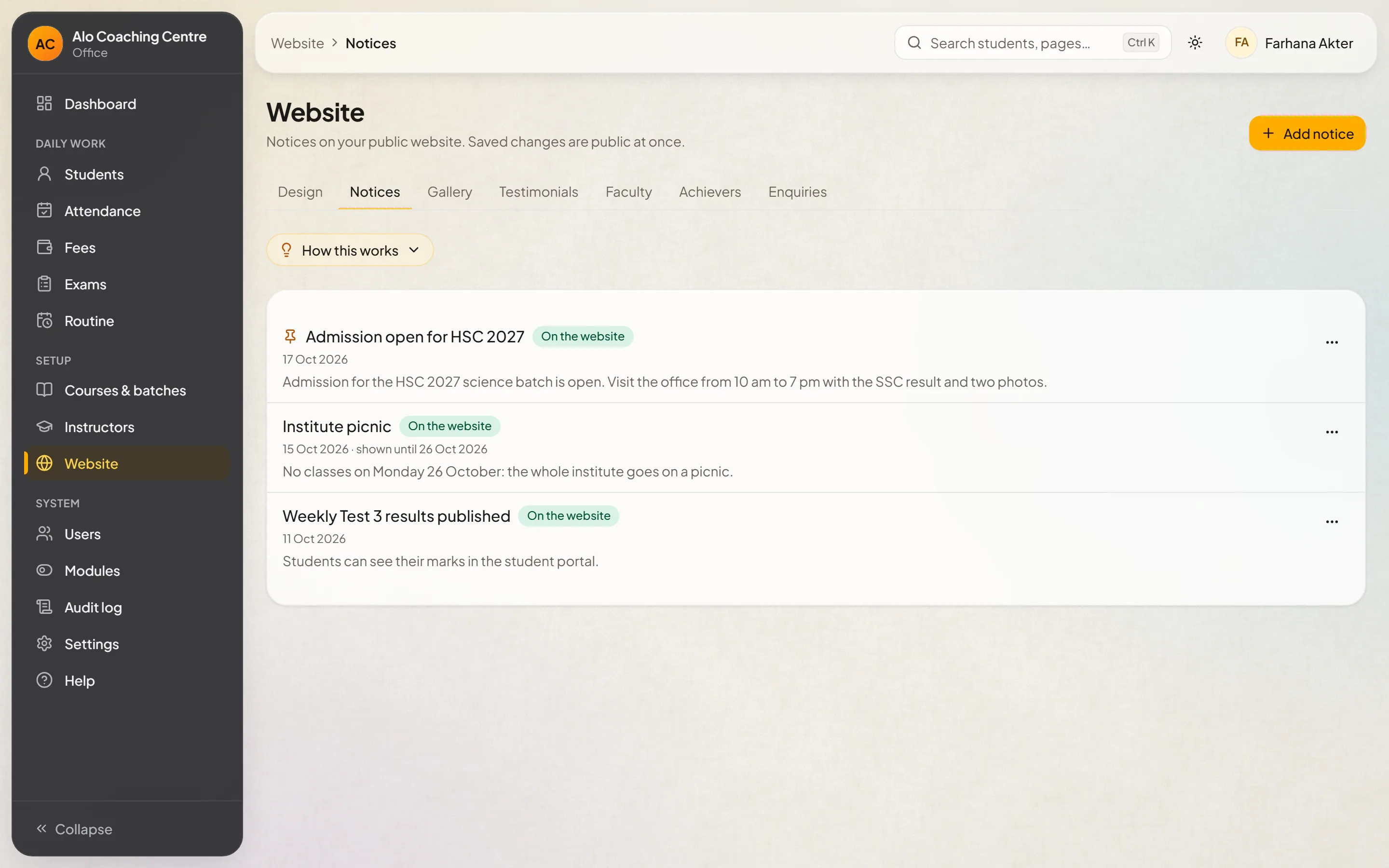 Website notices