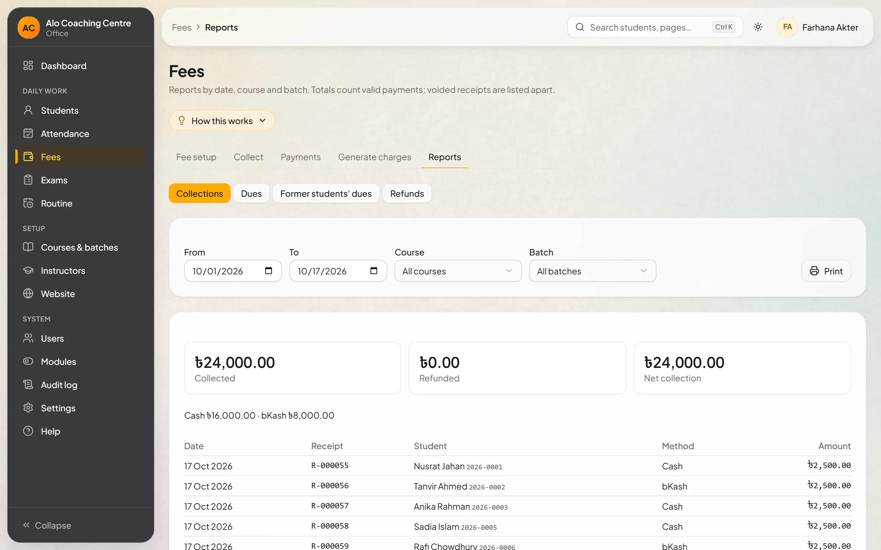 Dues and collection reports