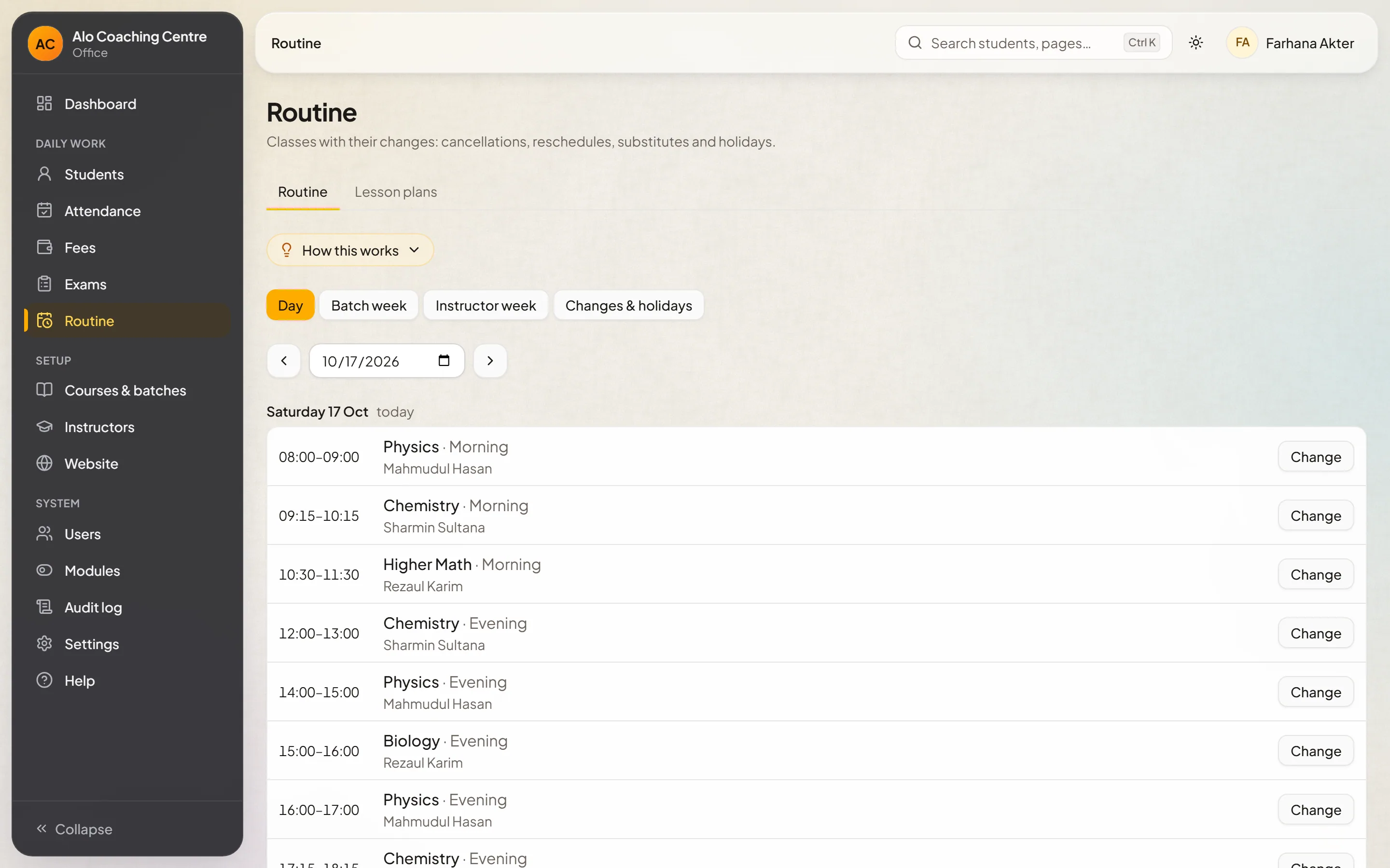 The dated routine with classes, substitutes and cancellations