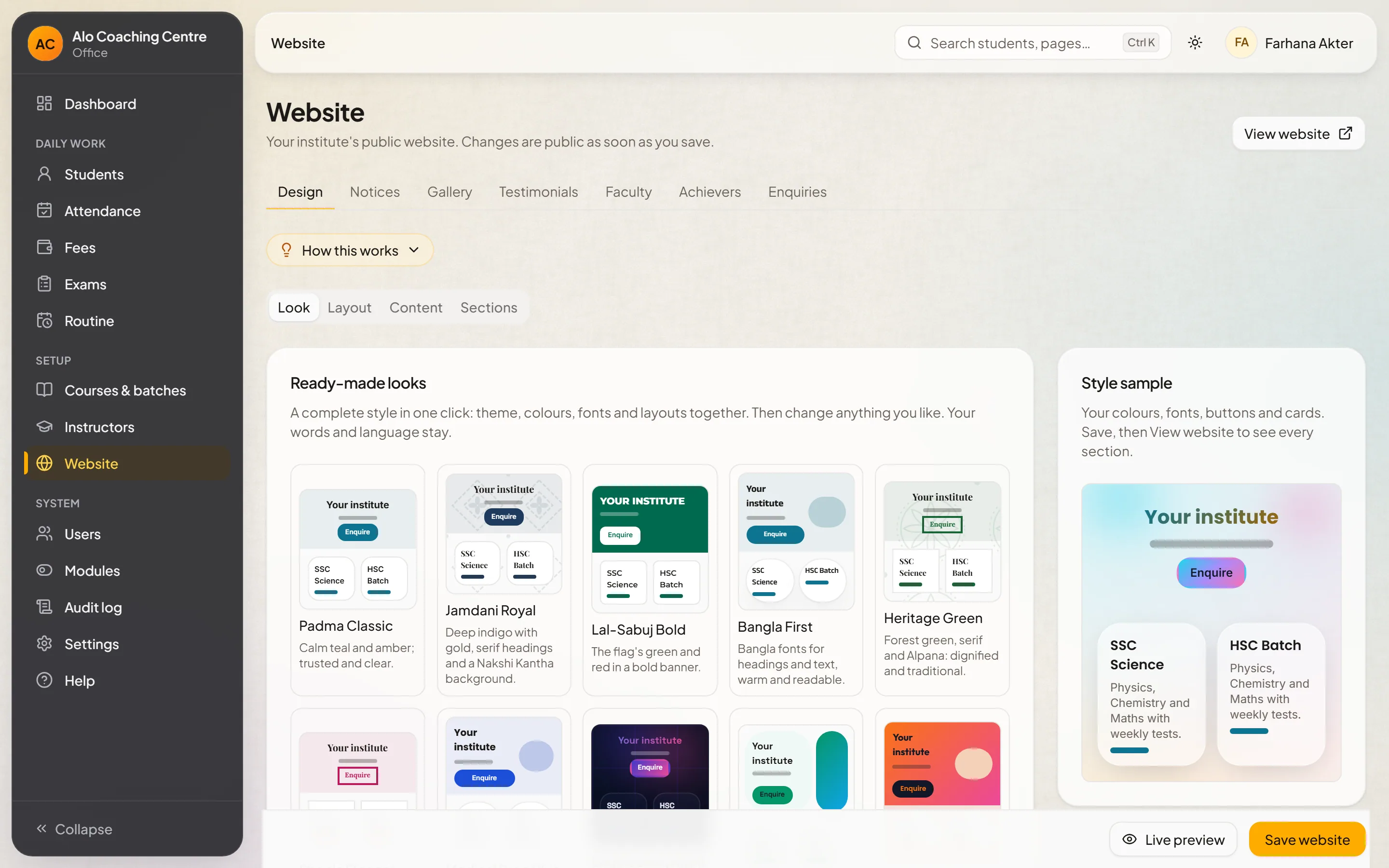 The institute website editor with its live preview